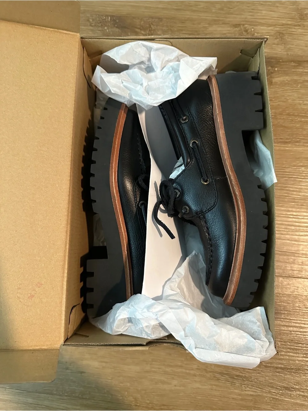 Women’s Black Leather Lug Sole Boat Shoes